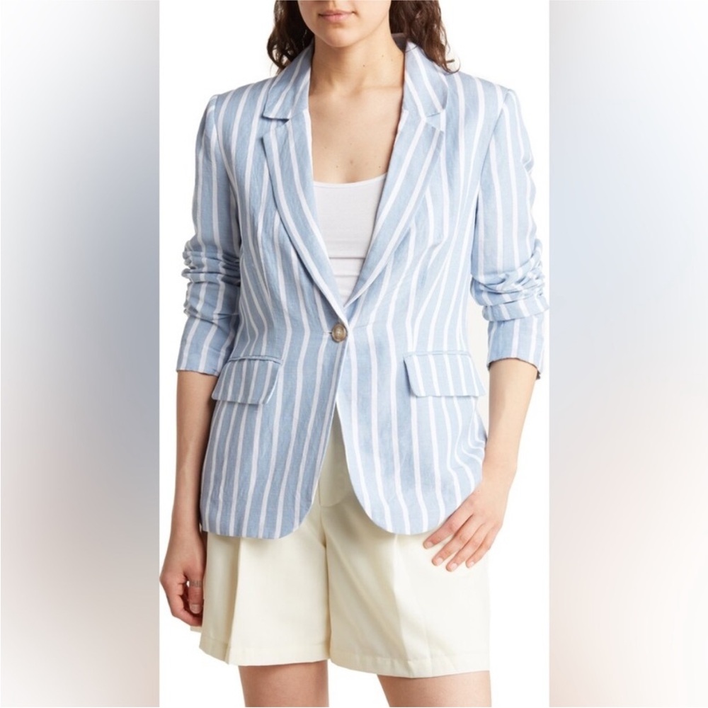 Philosophy Blue and White Striped Blazer with Notched Lapel